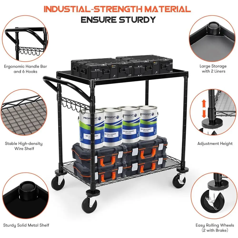 عربة أدوات ذات طبقتين من الدرجة التجارية بسعة 680 رطلاً، وإطار معدني وعجلات ومقبض لاستخدام المطاعم والمطبخ