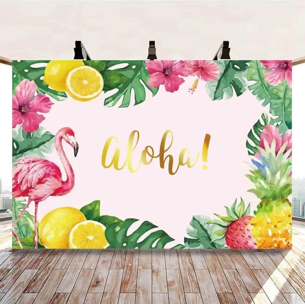 

Hawaii Aloha Flamingos Forest Photography Backdrop Lemon Strawberry Newborn Baby Shower Birthday Party Photographic Background