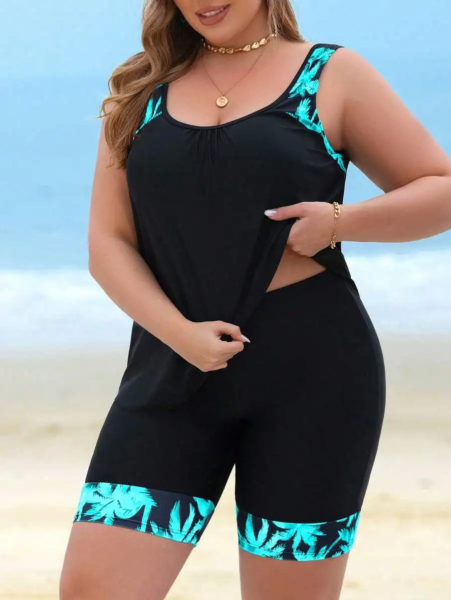 

Plus Size Tropical Print Patchwork Tankini Swimsuit Set For Beach Vacation
