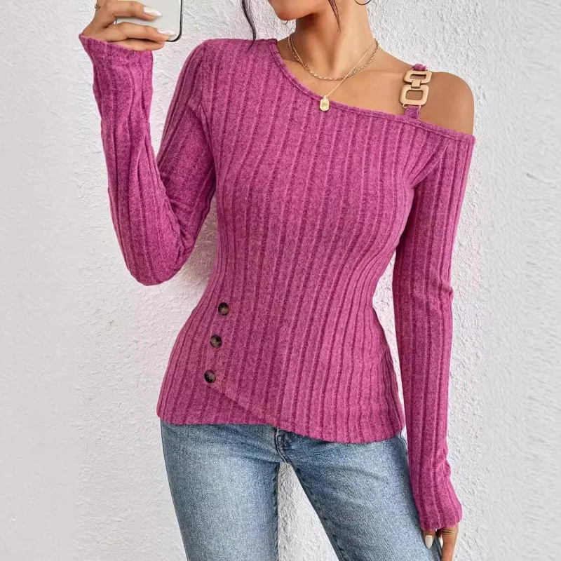 

2025Spring New Elegant Women's Solid Color Casual Off-Shoulder Asymmetric HemTWomen's T-shirt
