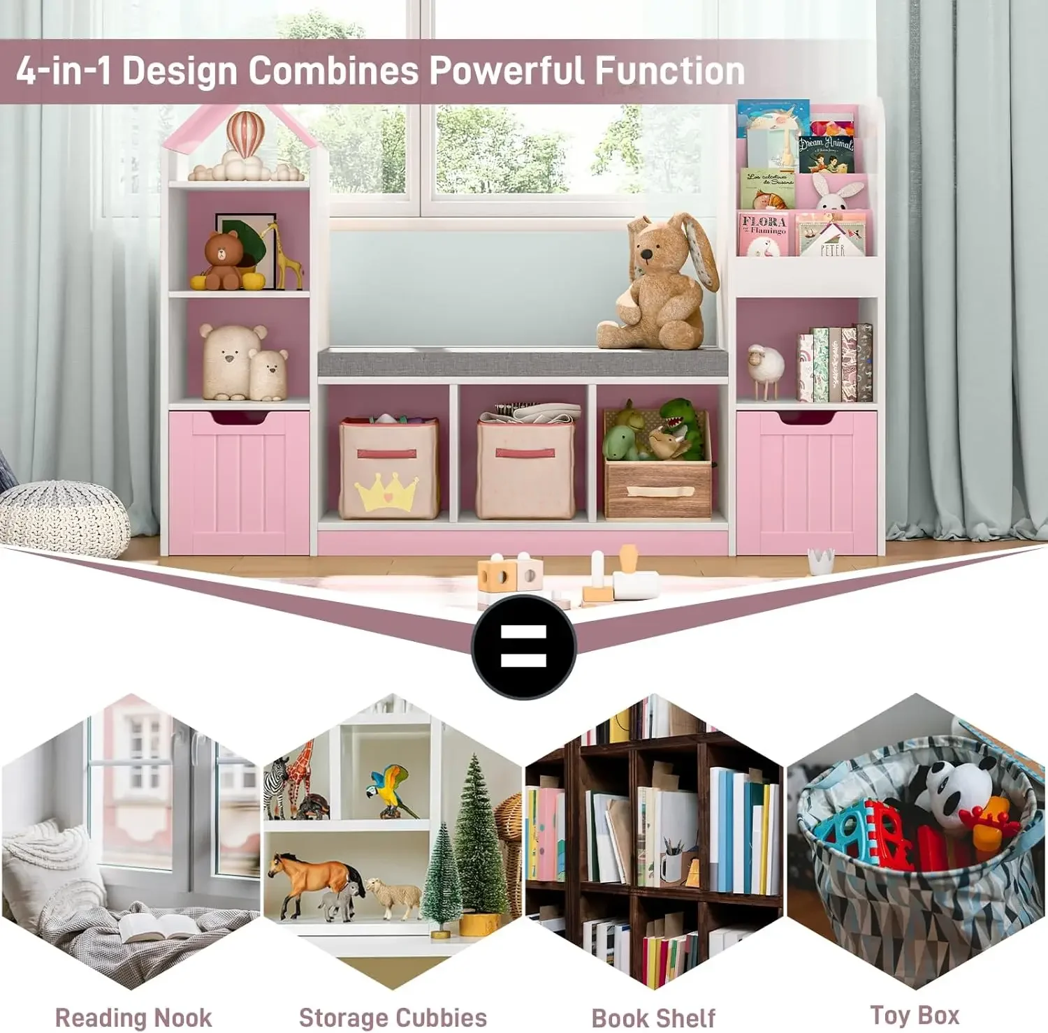 [أفضل بائع، اشترِ الآن! ]خزانة كتب للأطفال مع زاوية للقراءة، ورف كتب للأطفال مع 7 مكعبات تخزين ودرجين متحركين