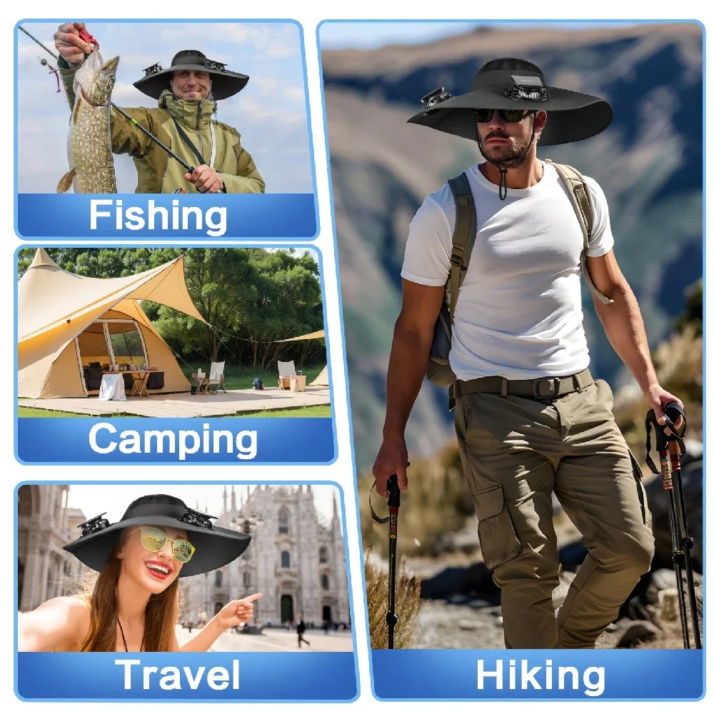 Mens Quick Dry Bucket Hat Large Size Sun Hat with Solar Powered Fan USB Rechargeable for Outdoor Hiking Camping Fishing Activity view 6