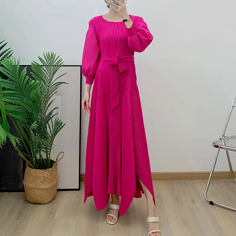 

Miyake Pleated Lantern Sleeves Dress for Women, Rose Red, Loose, Long Sleeve, Bubble Sleeve, Belt, Plus Size, 2024