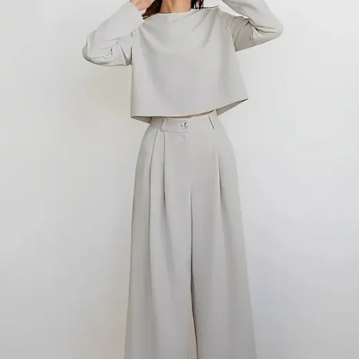 2024 New Autumn and Winter Casual Temperament Commuter Fashion Long-sleeved Trousers Solid Color Two-piece Set for Women