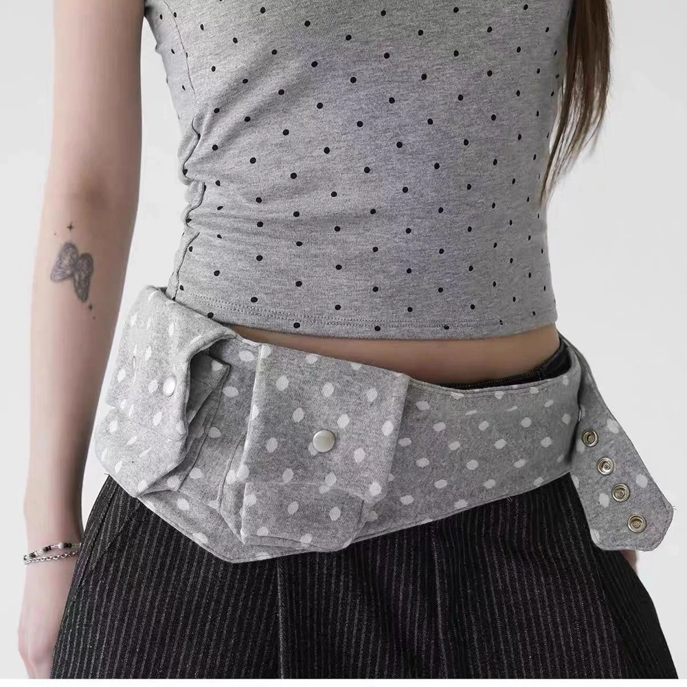 Japanese Y2k Girls Polka Dot Waist Bag Adjustable Snap Closure Belt Bag with Pockets Korean Women Layering Strap Waist Pack