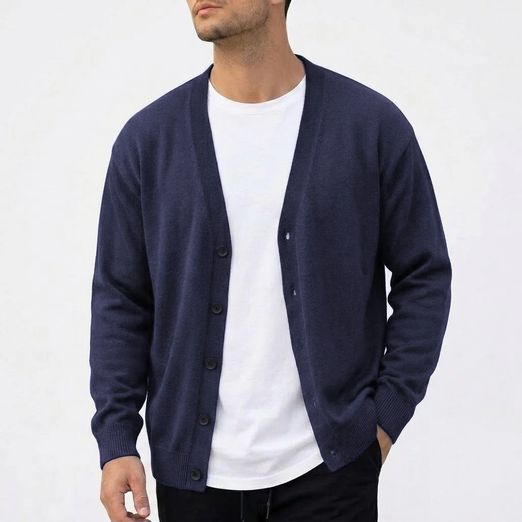 Outdoor-Herren-Strickjacke mit V-Ausschnitt, langen Ärmeln, einfarbig, lässige Sportbekleidung, geknöpfter Strickmantel. – Detail 9