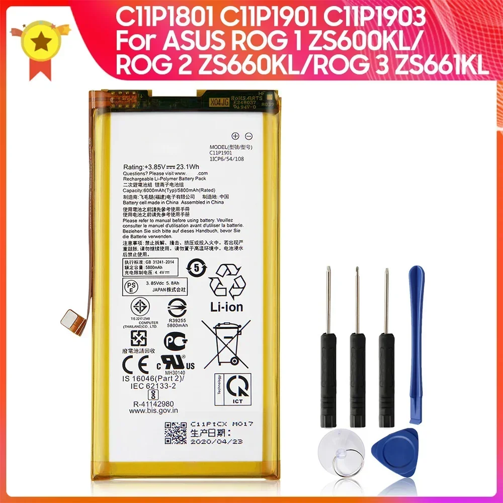 

Phone Replacement Battery C11P1801 C11P1903 C11P1901 6000mAh For ASUS ROG1 ROG2 ROG3 ZS600KL ZS660KL ZS661KL Batteries With Tool