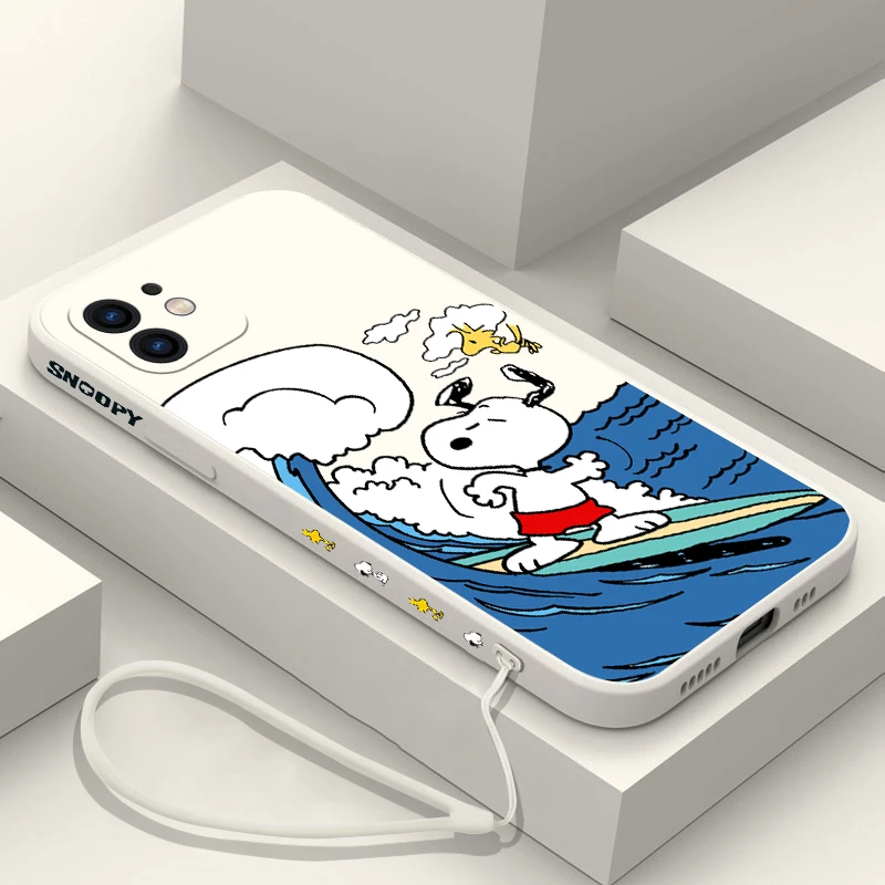 Lovely Cartoon Phone Case For iPhone 15 14 13 12 11 Pro Max Mini X XR XSMAX 8 Plus S-Snoopys Soft Silicone Cover With Hand Strap