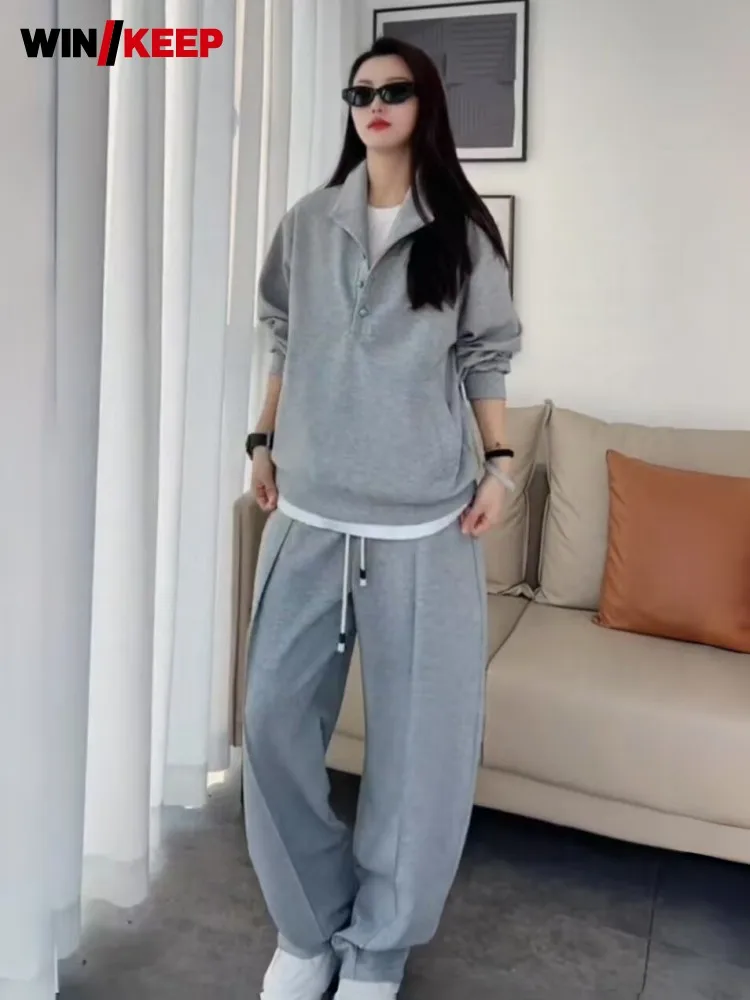 Streetwear Women Tracksuit Solid Color Stand Collar Long Sleeve Top Loose Fit Straight Pants New Autumn Running Two Piece Set