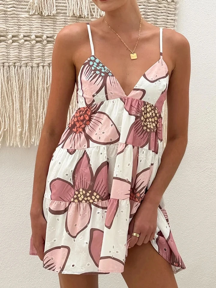 

Fashion Lady Loose Pleated Beach Vacation Mini Dress Summer New Floral Printed Halter Dress Elegant V-neck Sleeveless Slim Dress