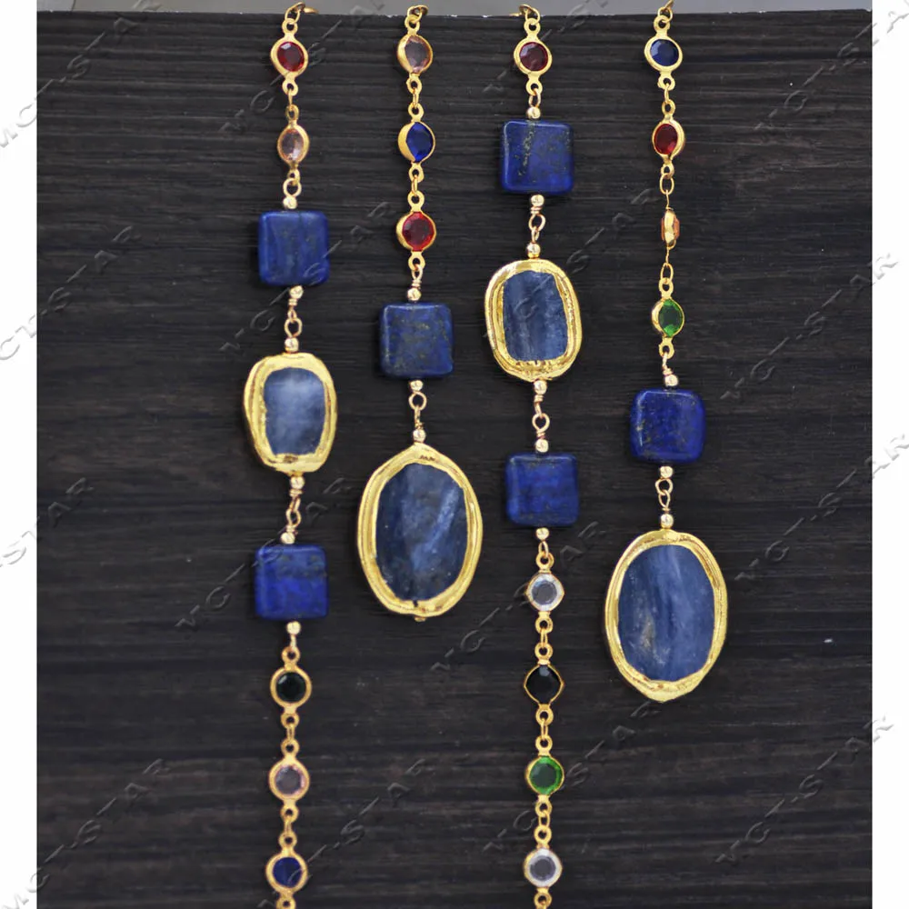 Z14163 50'' 28mm Square Oval Coin Blue Crystal Lapis lazuli Multicolor Clean CZ Golden Chain Necklace