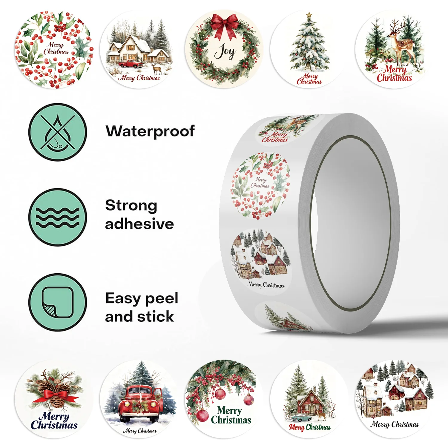 500pcs/Roll Merry Christmas Graffiti Sticker Cartoon Creative Decoration Stationery Box Refrigerator Thermos Cup Scooter Decal