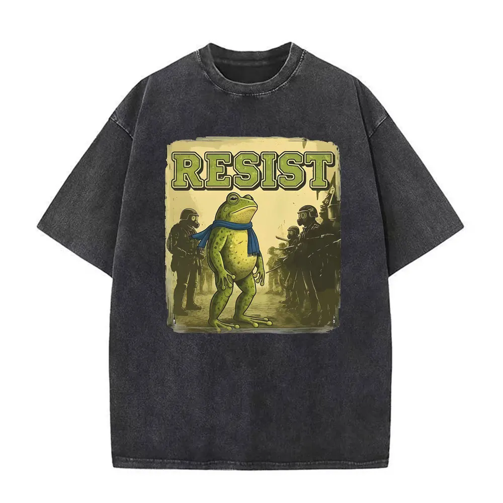 Portland Frog Protest Anti ICE Resist Funny Meme T Shirt Unisex Fashion Trend High Street T-shirts Vintage Washed Cotton T-shirt