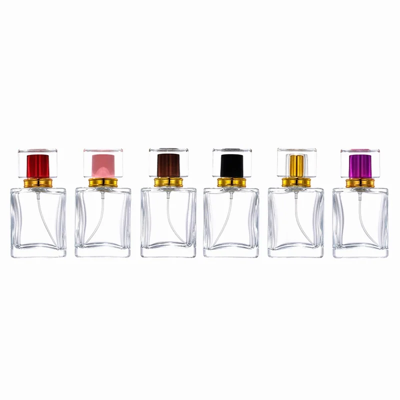 

5pcs Spray Bottle Acyylic Lid High Grade Perfume 50ml Screw Pump Empty Square Clear Glass Cosmetics Packaging Refillable Vials