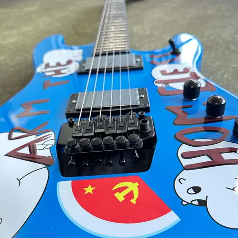 US Warehouse Custom Cartoon Hippo Electric Guitar Double Floyd Rose Tremolo HH Pickups Blue Hippo Graphic Guitar For Metal Rock Player 6 String Free Shipping
