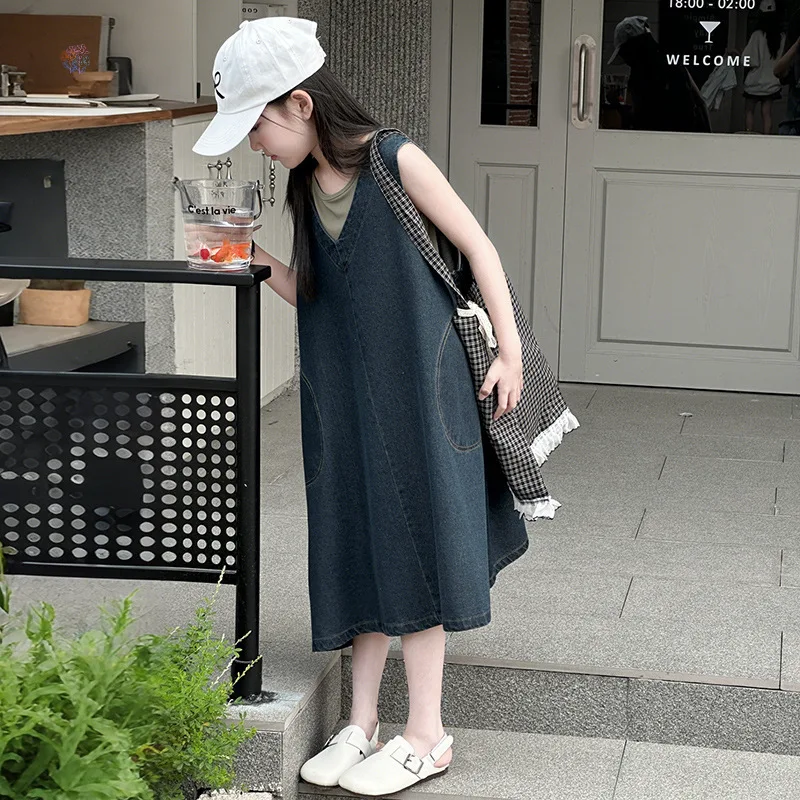 Sommer-Denim-Hosenträgerkleid für Mädchen, 2025, neuer Frühling und Sommer, Kinder-Sommer-Tank-Top-Kleid, einfach und vielseitig