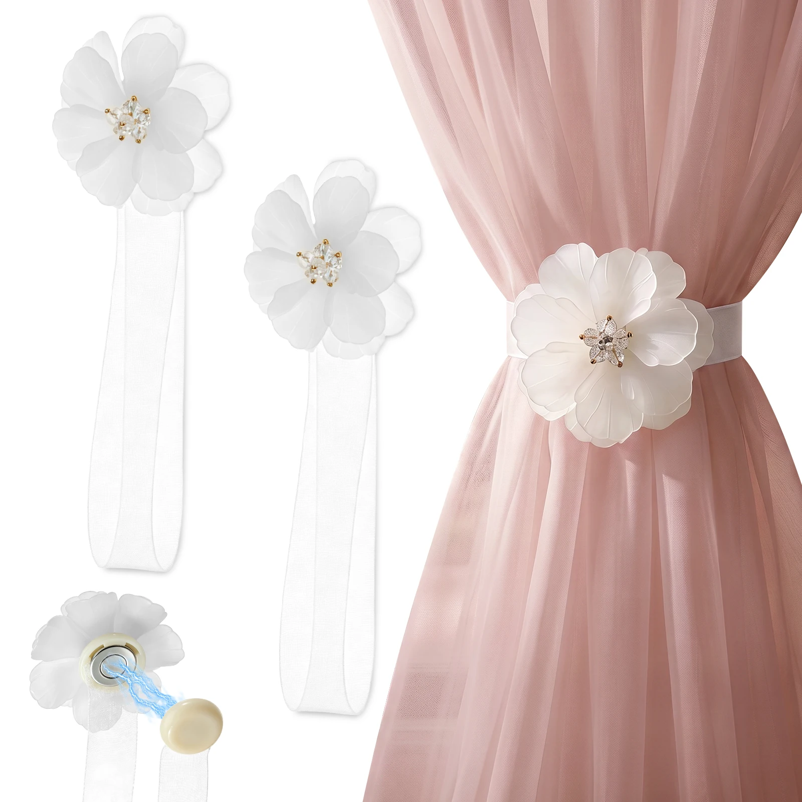 2Pcs Magnetic Curtain Tiebacks with Beaded Flower Curtain Holdbacks No Drill Layered Flower Curtain Ties for Bedroom Living Room