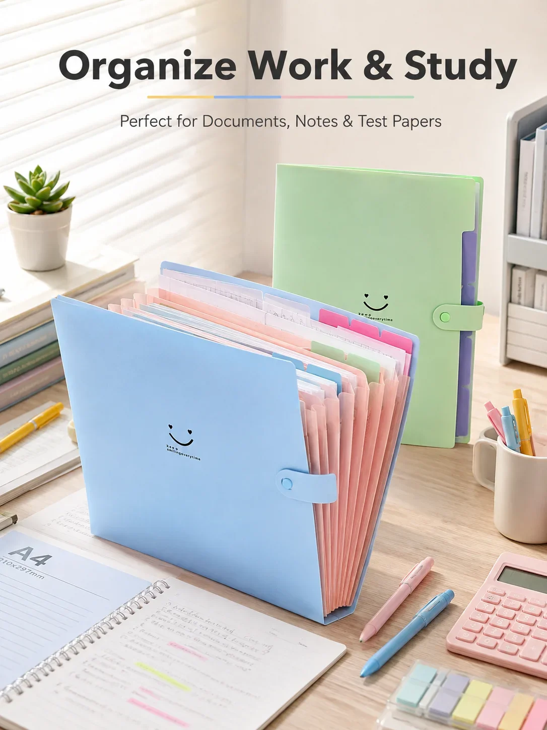 Candy Color A4 5-Slot Smile Expanding File Bag, Multi-Layer PP Document Organizer, Button Closure Test Paper Folder