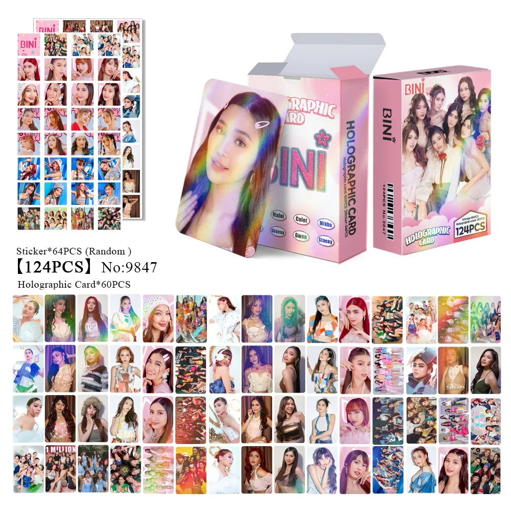 KPOP BINI 124pcs Exquisite Laser Cards Aiah Colet Maloi Stickers Cards Gwen Stacey Mikha Double-Sided LOMO Cards Fans Gifts