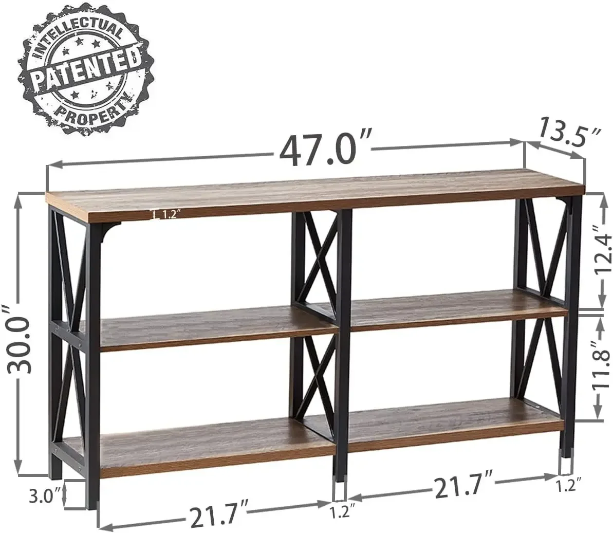 Rustic Console Table, Industrial Wood and Metal Sofa Table, Hallway Entry Table for Home Living Room, Long Horizontal Booksh