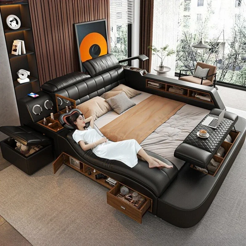 Luxury Fancy Bed King Size Headboard Sleeping Wood Bed French Lounge Desk Minimalist Letto Matrimoniale Multifunzione Furnitures