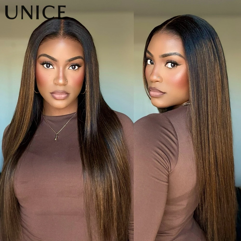 يونيس 13x4 ما قبل كل شيء ™   باروكة أمامية من الدانتيل يسلط الضوء على شعر مستعار ياكي مستقيم مع رباط شعر مستعار بدون صمغ مبيض مسبقًا