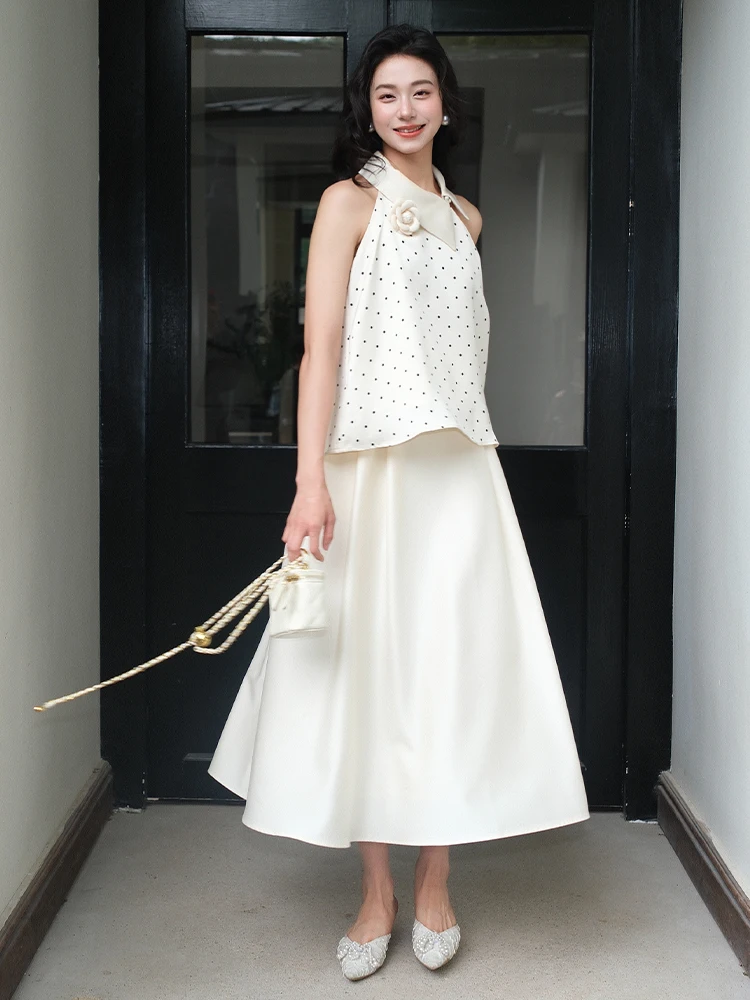 

Marie Jolie Sleeveless Shirt Collar A-Line Skirt Zipper Back Polka Dot Fashionable Top And Bottom Set for Women