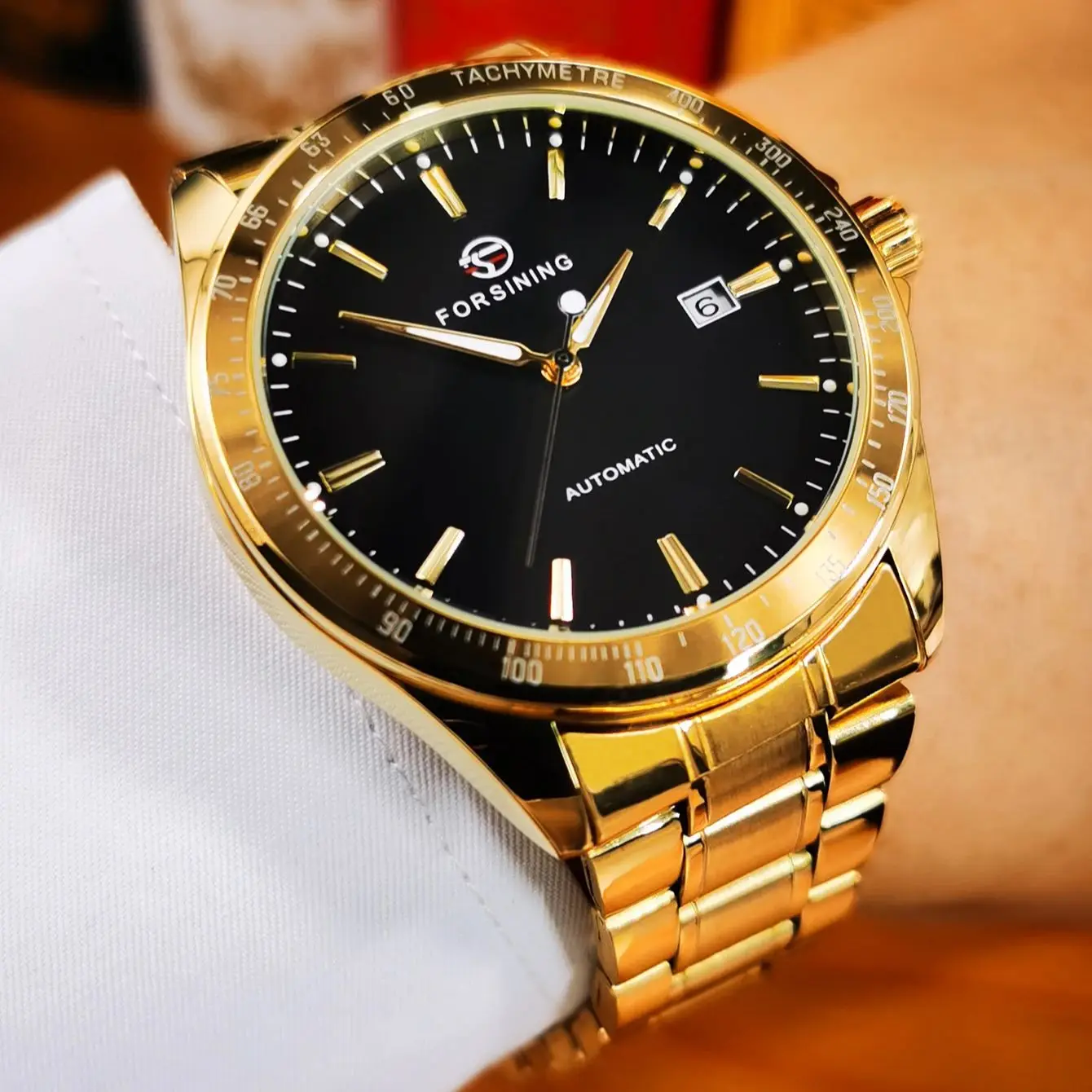 Forsining Business Automatic Mechanical Watch for Men Minimalist Gold Dial Calendar Stainless Steel Strap Fashion Mens Watches