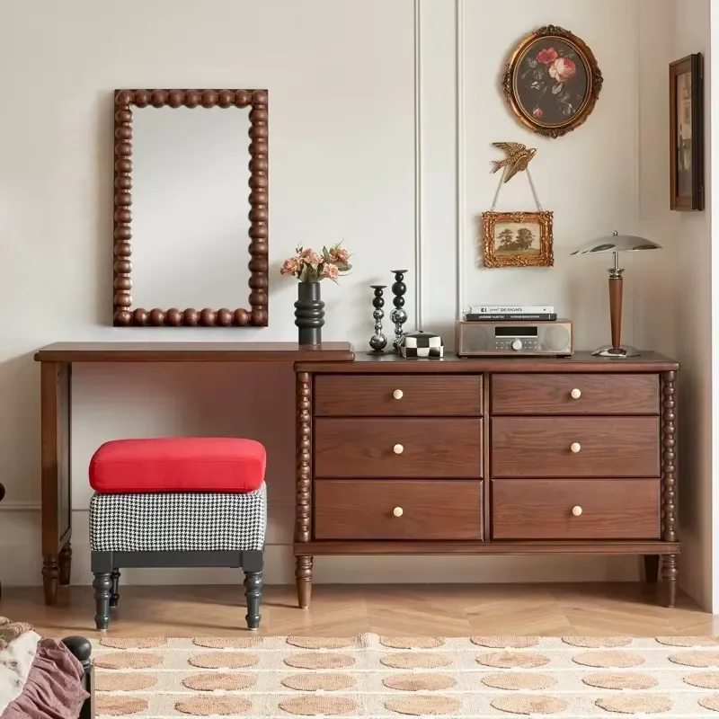 Makeup Table French Medieval Style Solid Wood Foldable Six-Drawer Bedroom Dressing Table Integrated End-of-Bed Storage