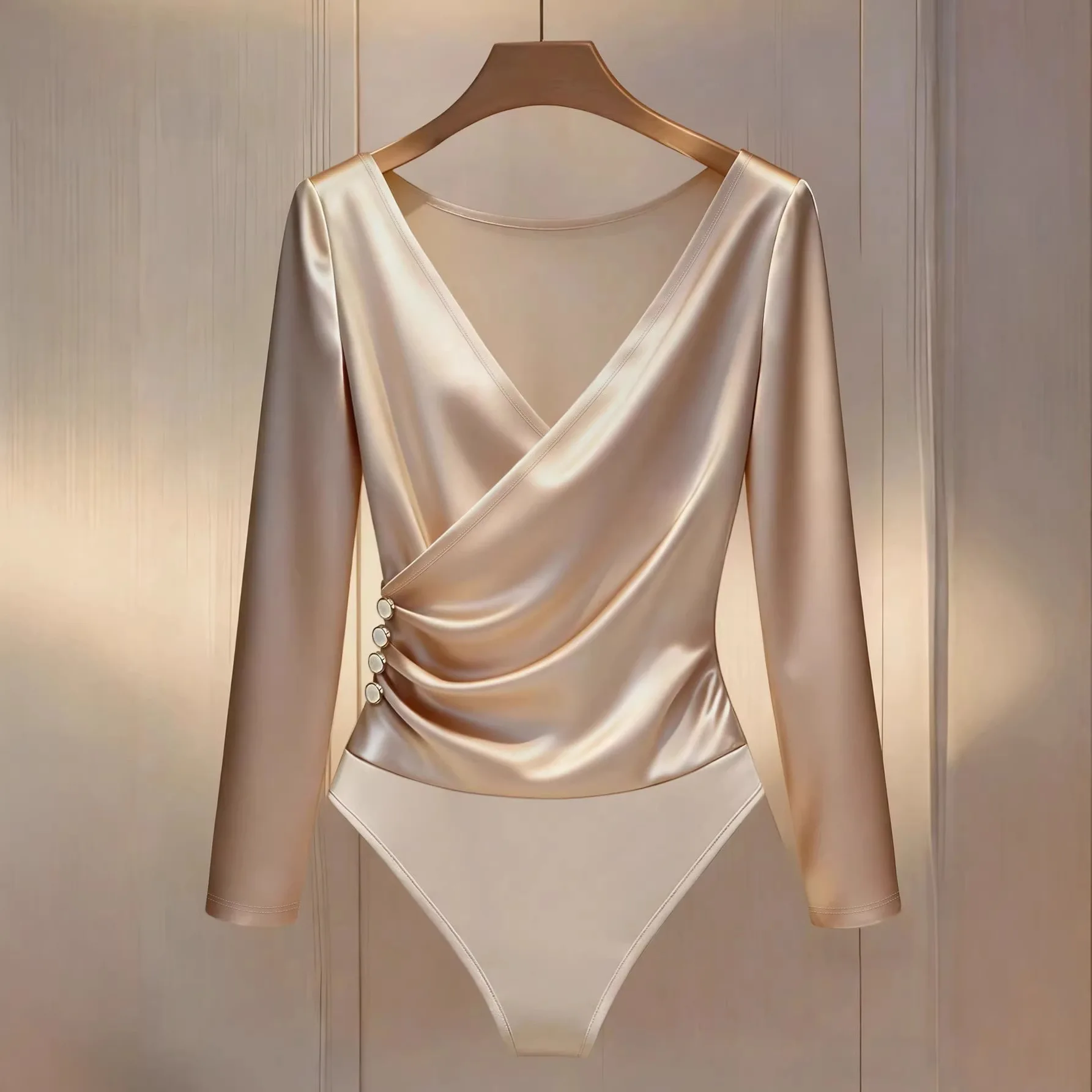 

Fashion Women's Bodysuit 2026 Satin Long Sleeve Cross V-neck Waist Crease Jumpsuit Side Button Decor Slim blouse For Commuting