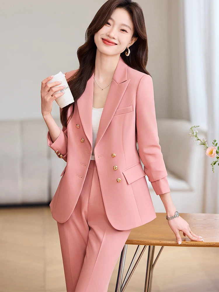 

Fashion Women's Pant Suit Office Ladies Work 2 Piece Set Pink Apricot Black Female Blazer And Trouser