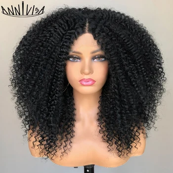 Lace Front Pruik Afro Kinky Krullend Pruiken Voor Vrouwen Synthetisch Haar Pruik Preplucked Hittebestendige Vezel Haar Lijmloze Kant Frontale pruik