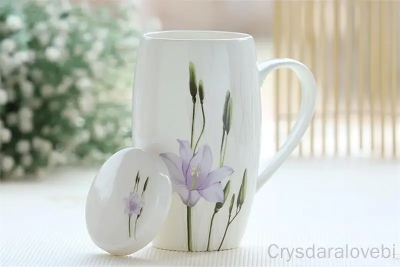 720ML, Chinoiserie Lily Blossom, Bone China Couple Mug, Couple Cup, Mighty Office Cup Thermal of Coffee Tea, with Lid