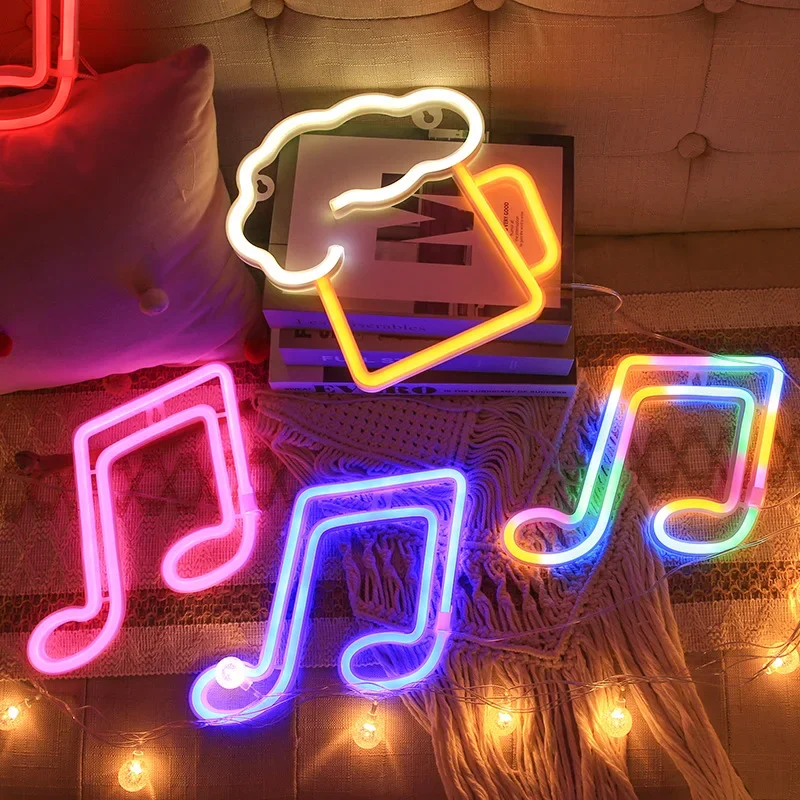 Neon Sign LED Music Note Neon Light Battery/USB Powered Colorful Neon Lamp Wall Mounted Music Bar Nightlight Decorative Table