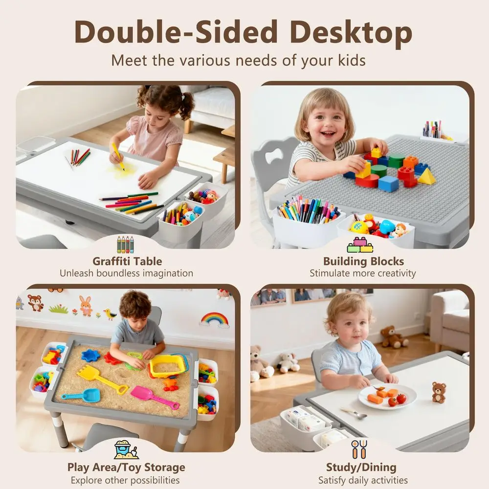 

Детский стол и 2 стулья с регулируемой высотой, стол для занятий с местом для хранения, столешница для рисования и строительных блоков для малышей