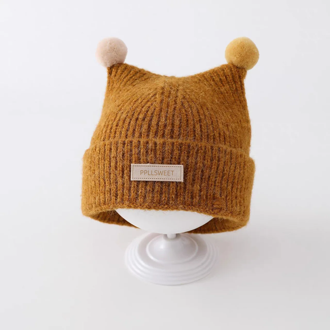 1-4Year Baby Knitted Hat Cute Double Plush Ball Pullover Cap Anti-Cold Warm Kids Ear Protection Wool Hats Winter Children Beanie view 3
