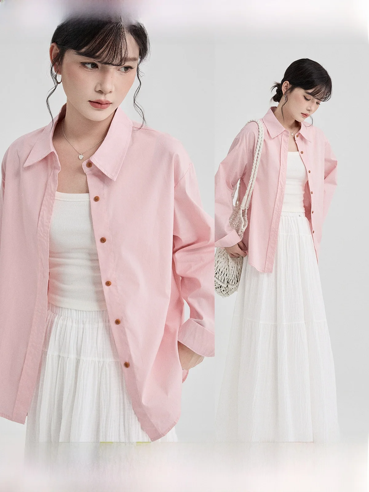 

Pink Casual Loose Long Sve irt Jaet Women's Spring New Sle GUIER Premium Quali Outerwear Classic Collar