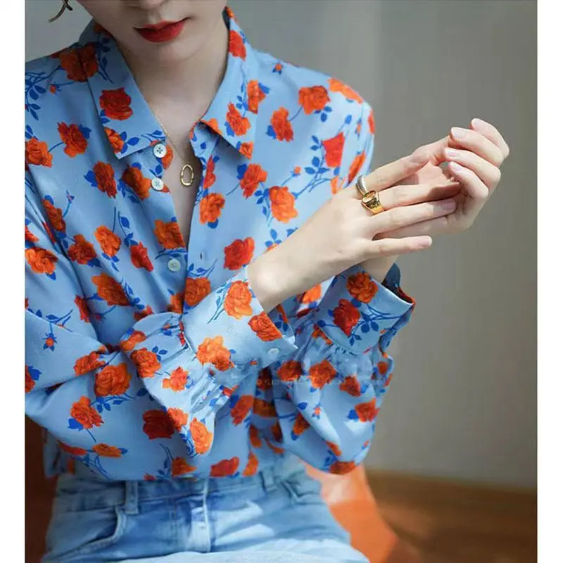 Polo Collar Design Printed Small Shirt Early Spring Hong Kong Style Retro Long Sleeved Top Western Style Loose Chiffon Shirt