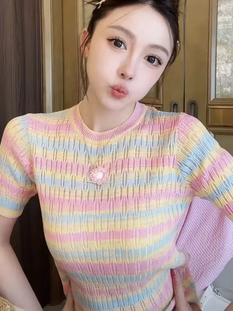 Summer 2026 Women's Slim Fit Short Sleeve round Neck Knitted Sweater Korean Style Color Block Stripe Fashion Versatile Top