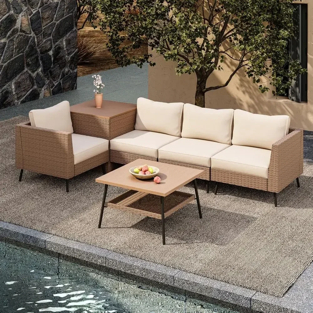 6-Piece Outdoor Patio Furniture Set, Rattan Sectional with Cushions and Storage