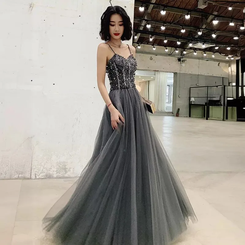 2025 New Women's Sexy Glitter Strap Long Style Banquet Fairy Evening Dress Fashionable and Skinny Celebrity Host Dress