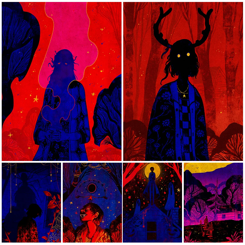 Boy In The Night Of Vampires Vintage Wall Art Canvas Painting Ghost House And Staghorn Man Abstract Art Poster And Print Decor