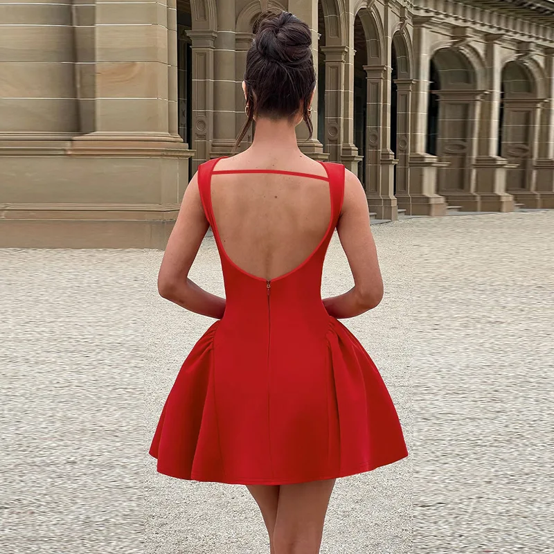 

Womens Dresses Solid Color Sleeveless Sexy Backless Waist-Cinching A-Line Dress College Skirt Elegant Evening Dress