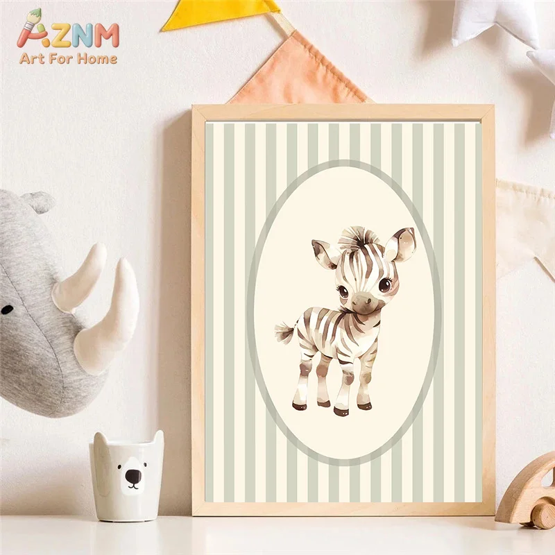 AZNM Soft Watercolor Safari Baby Animal Canvas Wall Art Lion Tiger Giraffe Elephant Monkey Zebra Green Striped Background Unfram