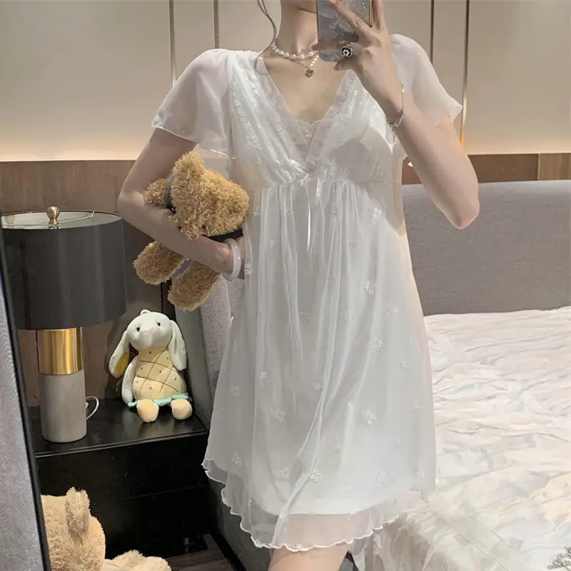 Nightgown Women V-neck Sexy Simple Sweet Casual Lace Patchwork Home Breathable Soft Design Korean Style Sleepwear Summer Fashion