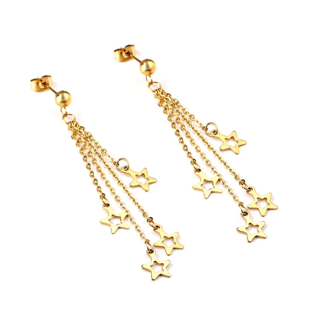 LUXUSTEEL Damenschmuck-Geschenkset: Edelstahlperlen mit langen und kurzen passenden Ketten, 4-Sterne-Hohlohrringe in Goldfarbe