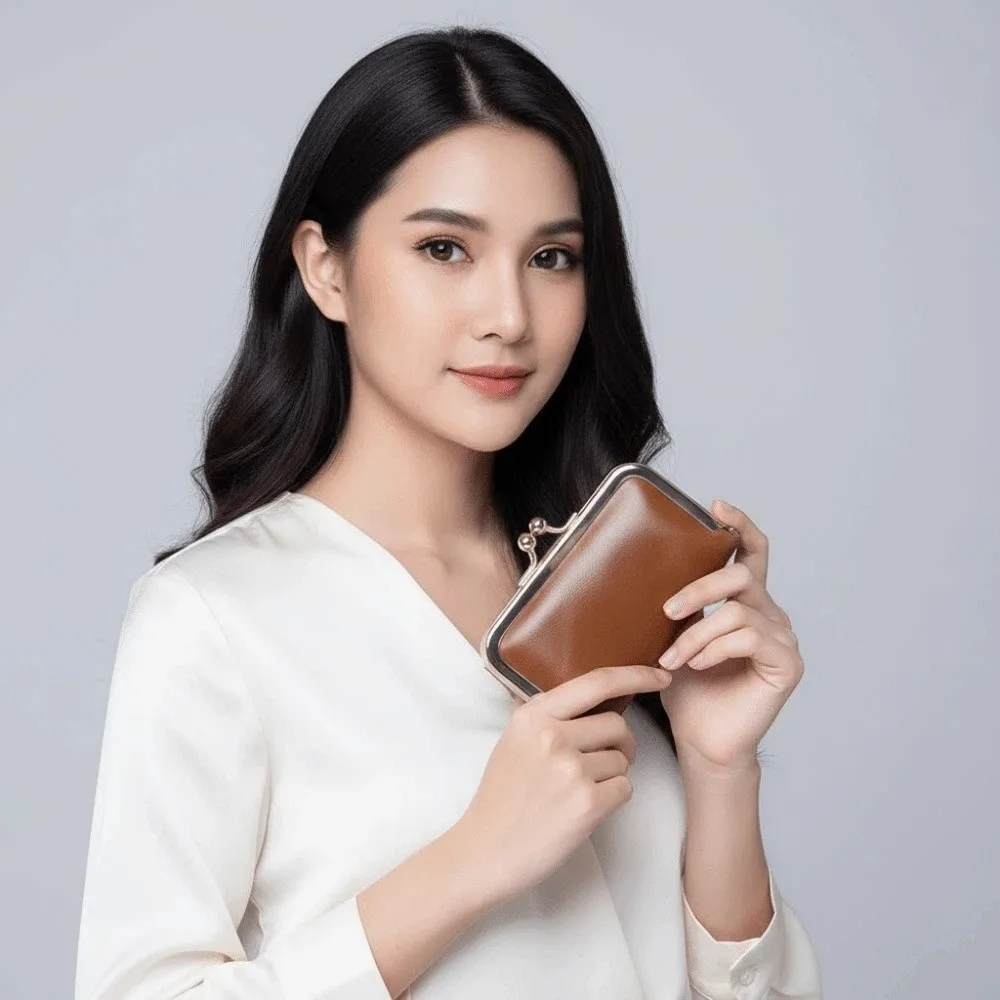 

Versatile Portable Kiss Lock Coin Purse Pouch Solid Color Leather Jewelry Bag Classic Wallet Small Item Bag Earrings