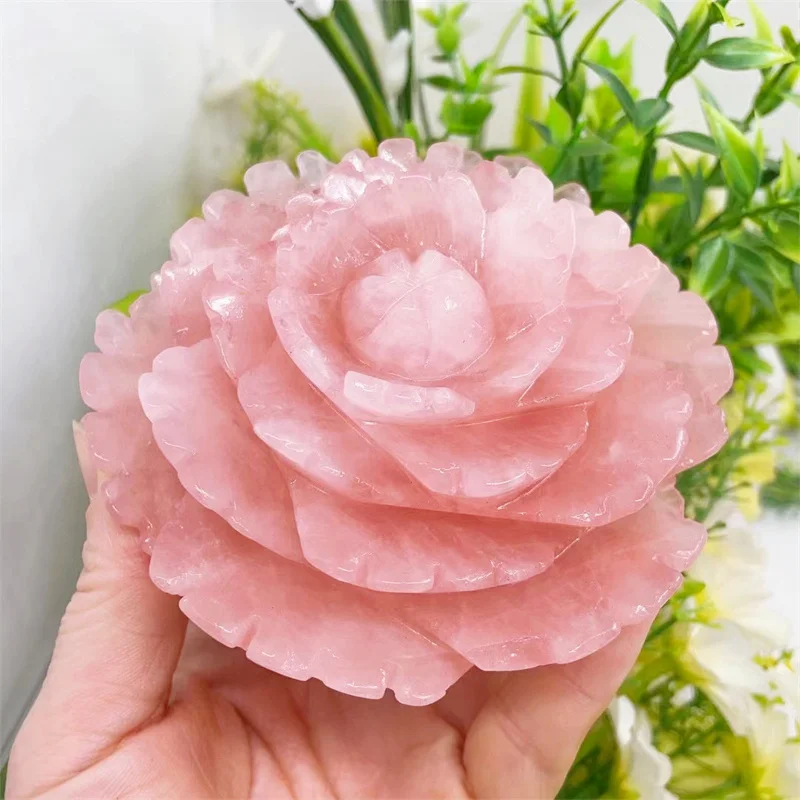 Natural Rose Quartz Flower Carving Peony Flower Energy Gem Reiki Healing Home Decoration Gift 1pcs 10CM