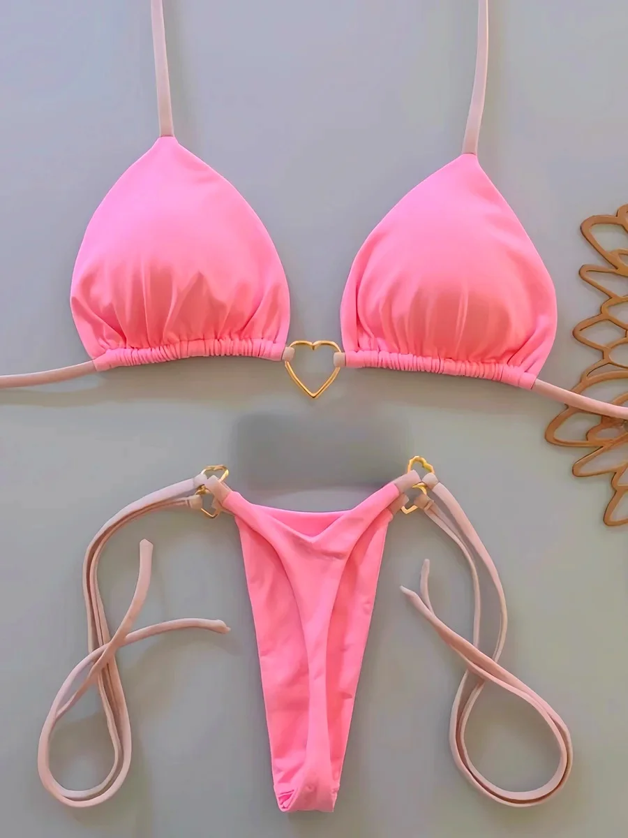 Metal Heart-shaped Halter Mini Micro Thong Bikini Female Swimsuit Women Swimwear Two-pieces Bikini Set Bather Bathing Suit Swim