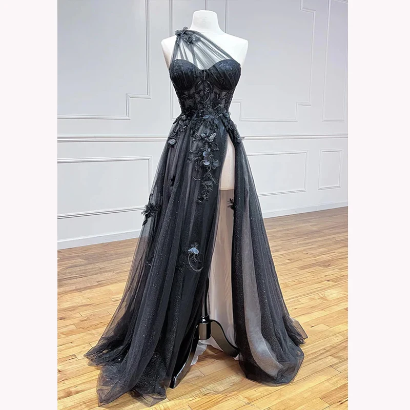 

Bowith Evening Luxury Dress Prom Elegant For Women Wedding Party One Shoulder Sleeveless Black Dresses Formal Occasion vestidos